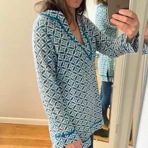 Land's End "Canvas" lightweight teal white batik tunic dress, small, split neck